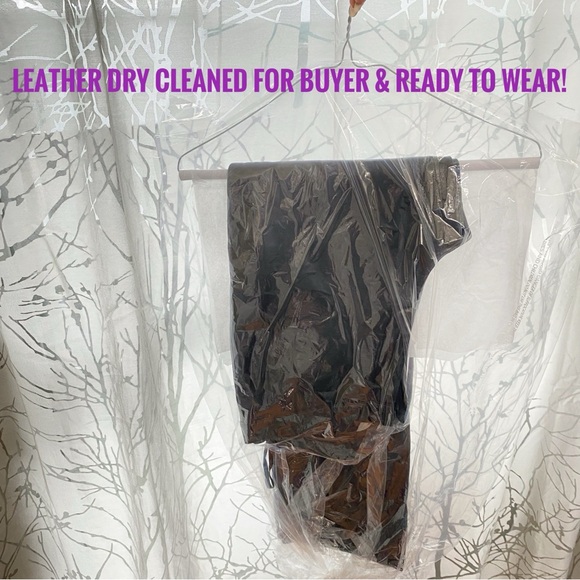 Real genuine leather black high waisted straight leg long pants with pockets - Picture 12 of 14